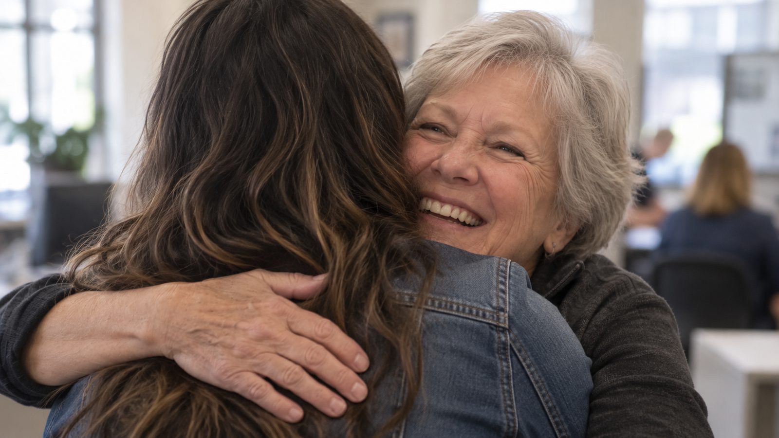 Sarah hugging a client on closing day